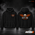 Inferno Orange black hoodie, front and back against a charcoal background with grey smoke with matching edition badge
