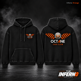 Inferno Orange black hoodie, front and back against a charcoal background with grey smoke with matching edition badge