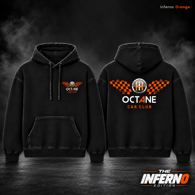 Inferno Orange black hoodie, front and back against a charcoal background with grey smoke with matching edition badge