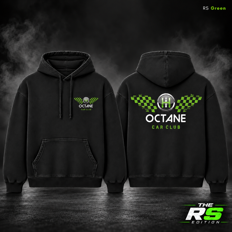 RS Green hoodie garment only, front and back with grey smoke with matching edition badge