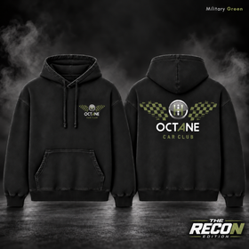 Military Green hoodie garment only, front and back with grey smoke with matching edition badge