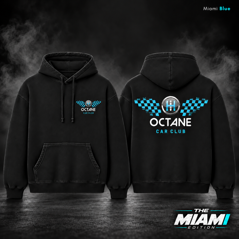 Miami Blue hoodie garment only, front and back with grey smoke with matching edition badge