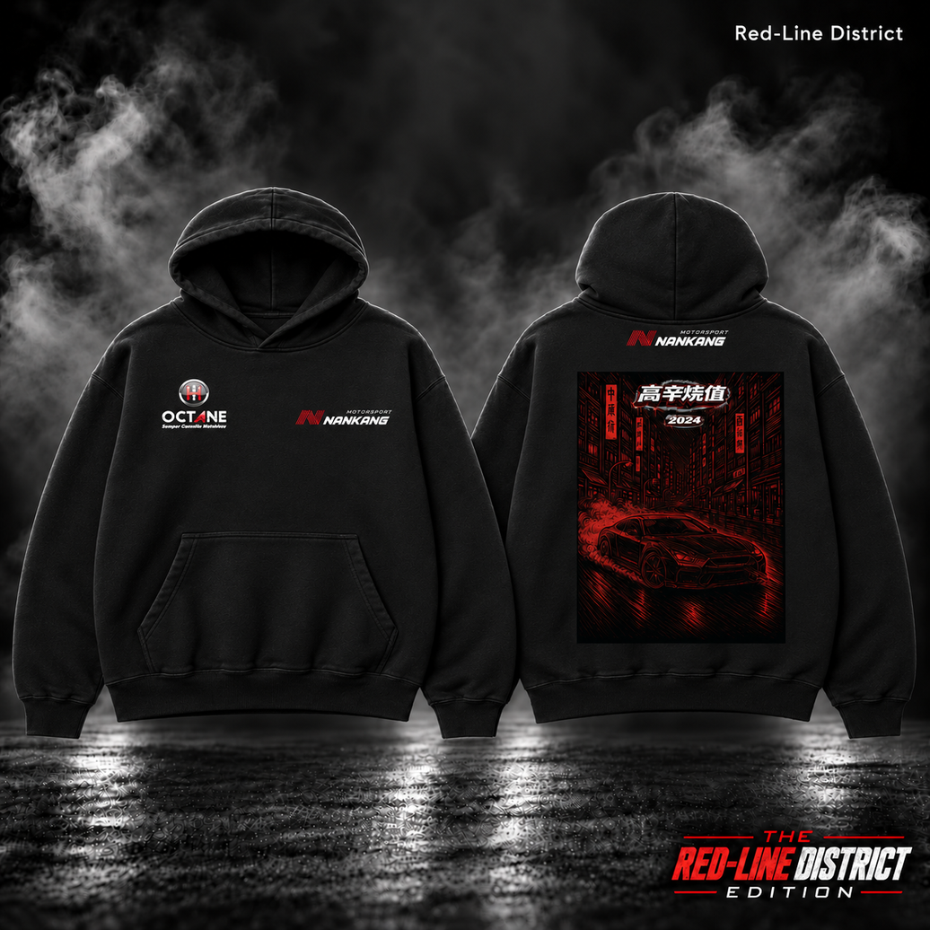 Red-Line District Nankang hoodie front and back with red and white edition badge